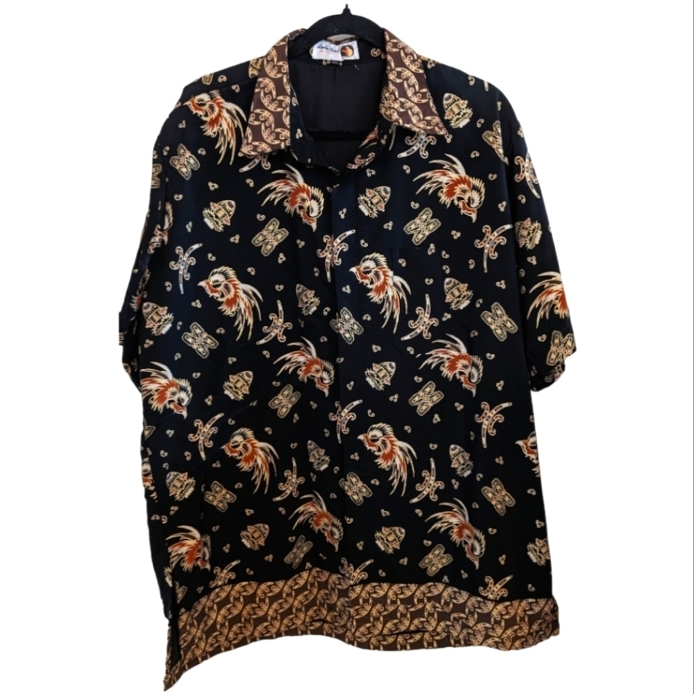 Aneka Batik Black print lined SS button up shirt Size Large EUC